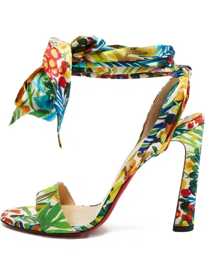 Pre-owned Christian Louboutin Miss Z Floral-print Ankle-tie Sandals In Green