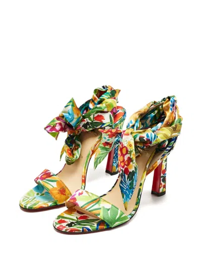 Pre-owned Christian Louboutin Miss Z Floral-print Ankle-tie Sandals In Green