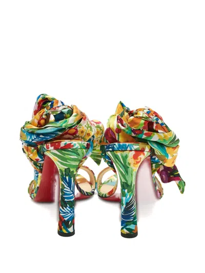 Pre-owned Christian Louboutin Miss Z Floral-print Ankle-tie Sandals In Green