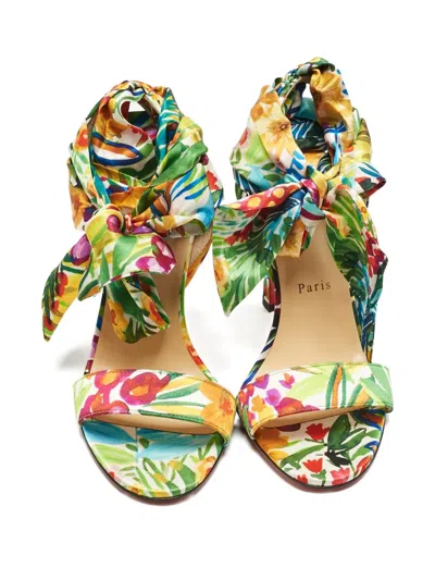 Pre-owned Christian Louboutin Miss Z Floral-print Ankle-tie Sandals In Green