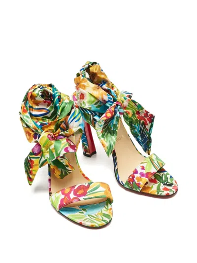 Pre-owned Christian Louboutin Miss Z Floral-print Ankle-tie Sandals In Green