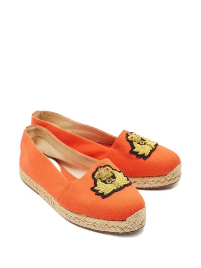 Pre-owned Christian Louboutin Embroidered-crest Espadrilles In Orange