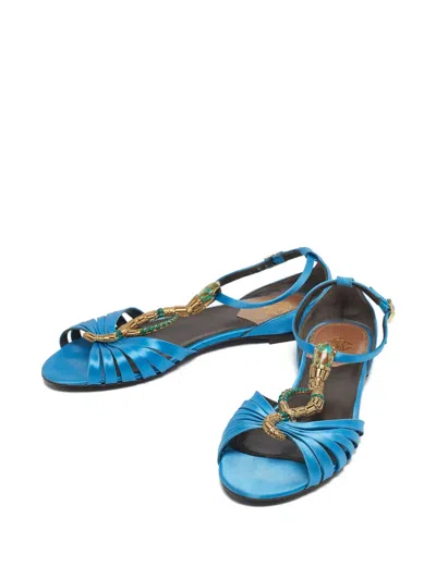 Pre-owned Roberto Cavalli Snake Logo T-strap Sandals In Blue