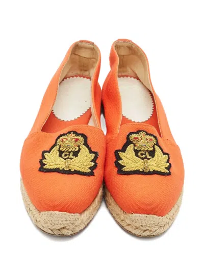Pre-owned Christian Louboutin Embroidered-crest Espadrilles In Orange