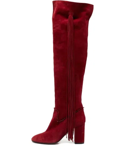 Pre-owned Aquazzura 90mm Suede Fringe Over-the-knee Boots In Red