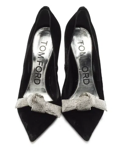Pre-owned Tom Ford 120mm Bow-detail Velvet Pumps In Black