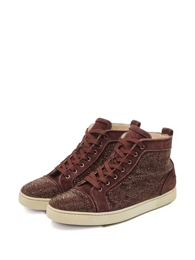 Pre-owned Christian Louboutin Crystal-embellished Lace-up Sneakers In Brown