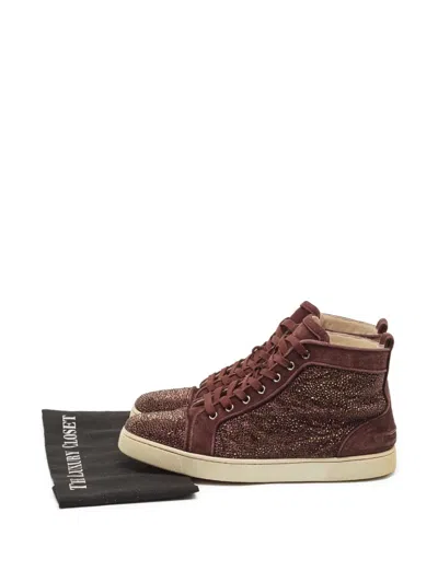 Pre-owned Christian Louboutin Crystal-embellished Lace-up Sneakers In Brown