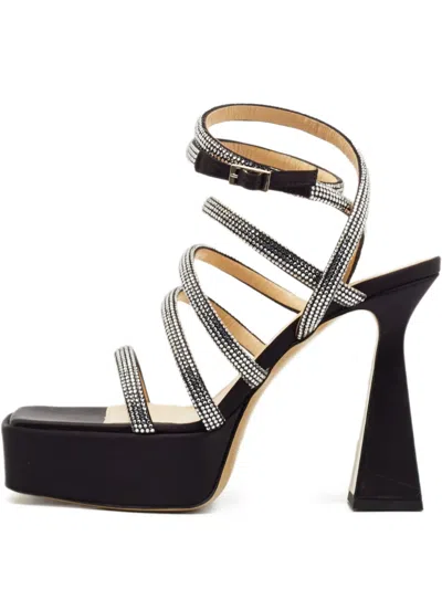 Pre-owned Mach&mach  130mm Rhinestone-embellished Strappy Sandals In Black