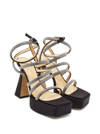 Pre-owned Mach&mach  130mm Rhinestone-embellished Strappy Sandals In Black