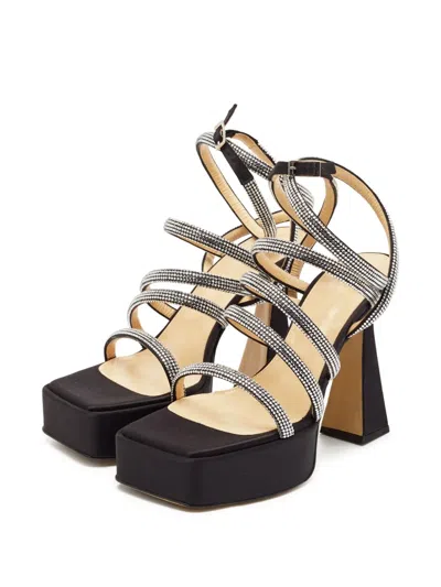 Pre-owned Mach&mach  130mm Rhinestone-embellished Strappy Sandals In Black