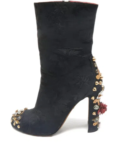 Pre-owned Dolce & Gabbana Brocade Embellishment Boots In Black