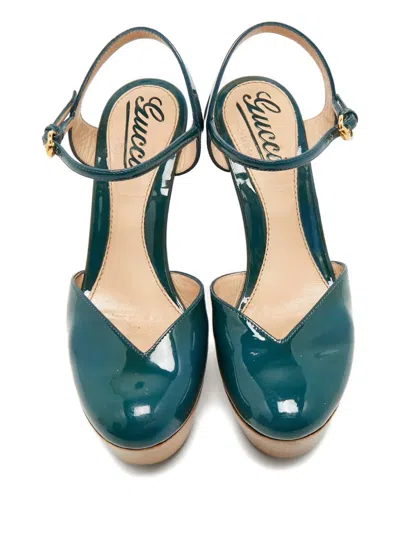 Pre-owned Gucci 35 Platform Buckle Sandals (12 Cm) In Green