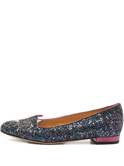 Pre-owned Charlotte Olympia Glitter Cat Ballet Flats In Blue