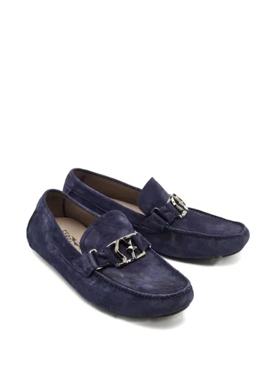 Pre-owned Ferragamo Metal-buckle Suede Loafers In Blue