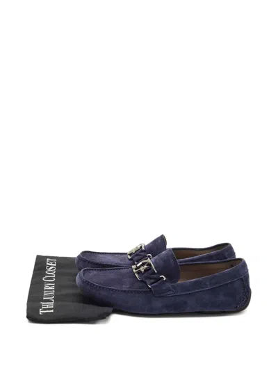 Pre-owned Ferragamo Metal-buckle Suede Loafers In Blue