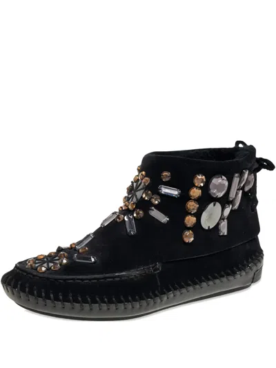 Pre-owned Tory Burch Embellished Suede Boots In Black