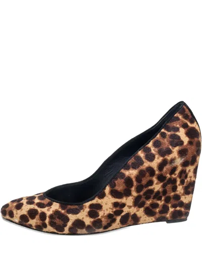 Pre-owned Brian Atwood 90mm Leopard-print Pony-hair Wedge Pumps In Brown
