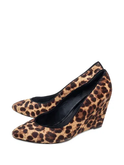 Pre-owned Brian Atwood 90mm Leopard-print Pony-hair Wedge Pumps In Brown