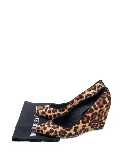 Pre-owned Brian Atwood 90mm Leopard-print Pony-hair Wedge Pumps In Brown