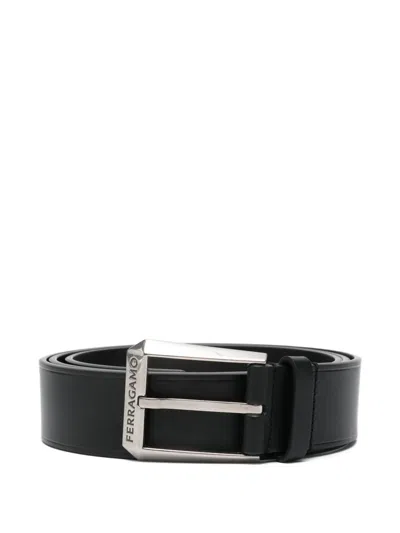 Pre-owned Ferragamo Logo-engraved Buckle Leather Belt In Black