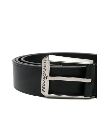 Pre-owned Ferragamo Logo-engraved Buckle Leather Belt In Black