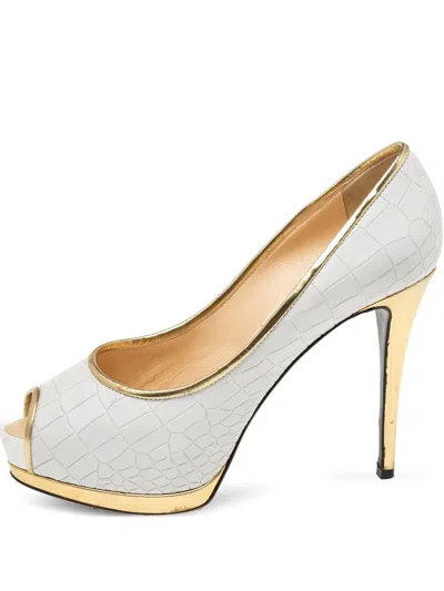 Pre-owned Giuseppe Zanotti Vintage 120mm Croc-embossed Peep-toe Pumps In White