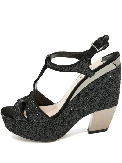 Pre-owned Miu Miu 110mm Glitter Platform Sandals In Black