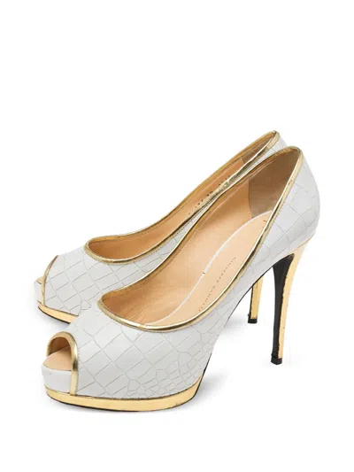 Pre-owned Giuseppe Zanotti Vintage 120mm Croc-embossed Peep-toe Pumps In White
