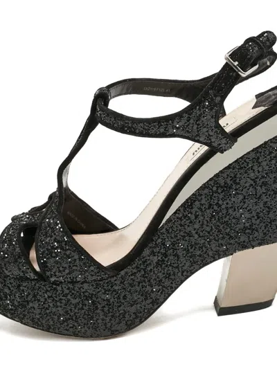 Pre-owned Miu Miu 110mm Glitter Platform Sandals In Black