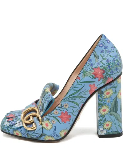 Pre-owned Gucci 100mm Floral Fringe Block-heel Pumps In Blue