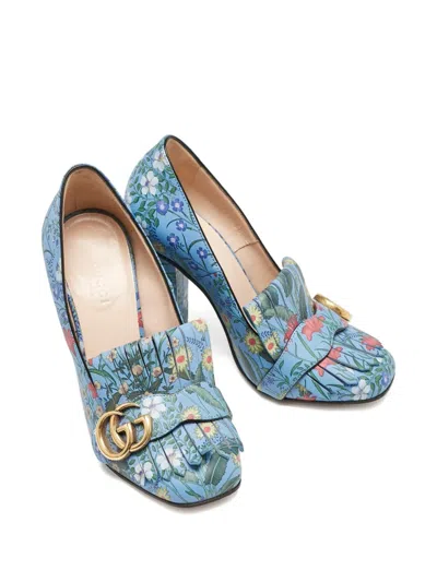 Pre-owned Gucci 100mm Floral Fringe Block-heel Pumps In Blue