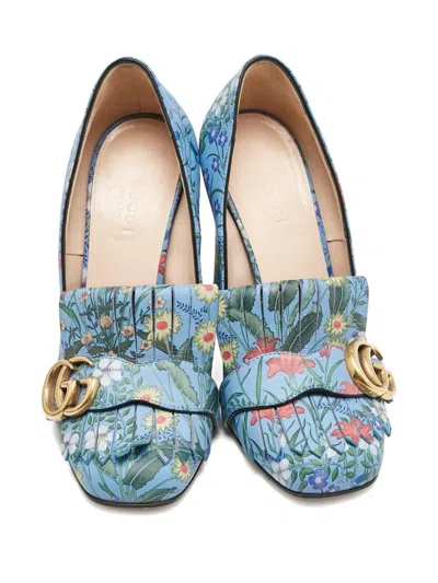 Pre-owned Gucci 100mm Floral Fringe Block-heel Pumps In Blue