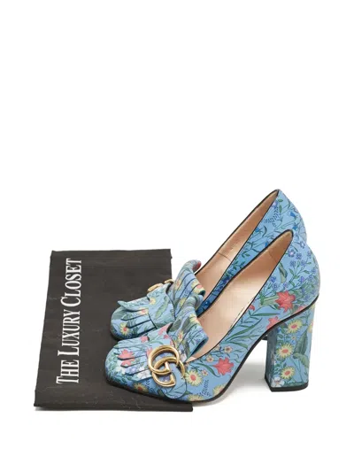 Pre-owned Gucci 100mm Floral Fringe Block-heel Pumps In Blue