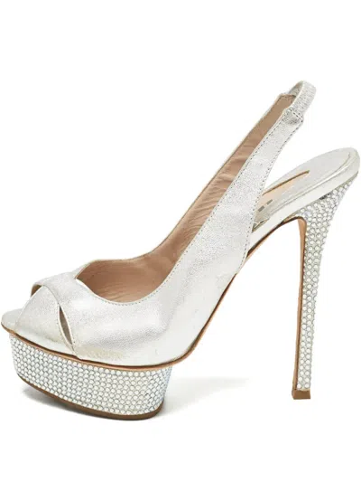 Pre-owned Le Silla Crystal Slingback Platform Sandal In Silver