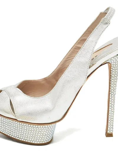 Pre-owned Le Silla Crystal Slingback Platform Sandal In Silver