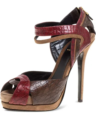 Pre-owned Fendi 130mm Croc-embossed Leather Platform Heeled Sandals In Multi