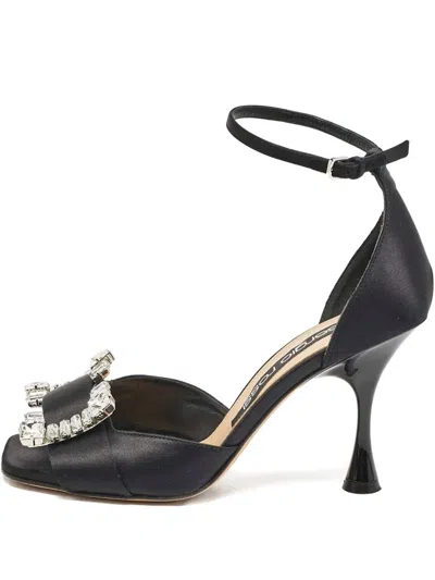 Pre-owned Sergio Rossi Vintage 100mm Crystal-embellished Satin Sandals In Black