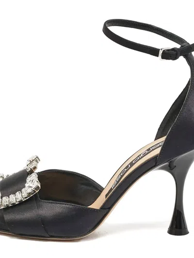 Pre-owned Sergio Rossi Vintage 100mm Crystal-embellished Satin Sandals In Black