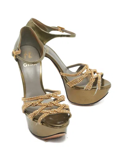 Pre-owned Gina Crystal Platform Sandals In Gold