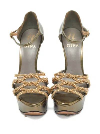 Pre-owned Gina Crystal Platform Sandals In Gold