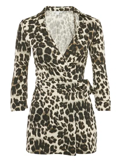 Pre-owned Diane Von Furstenberg Leopard-print Wrap Playsuit In Neutral