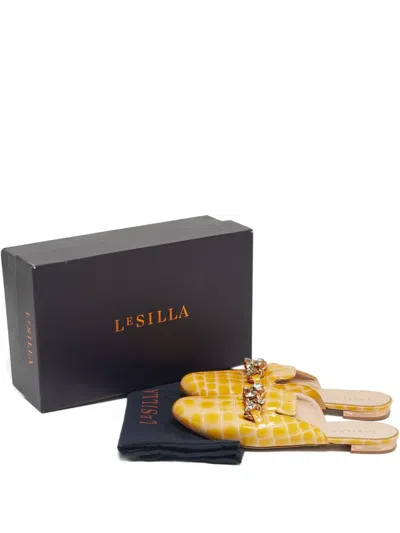 Pre-owned Le Silla Croc-embossed Crystal-embellished Mules In Yellow