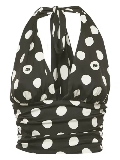 Pre-owned Dolce & Gabbana Polka-dot Halterneck Top In Black
