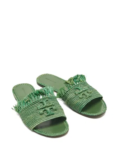 Pre-owned Tory Burch Raffia Logo Slides In Green