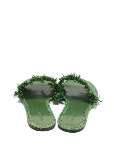 Pre-owned Tory Burch Raffia Logo Slides In Green
