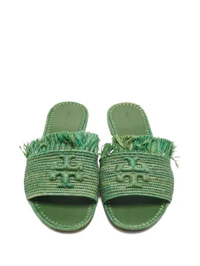 Pre-owned Tory Burch Raffia Logo Slides In Green