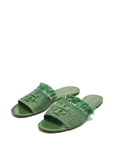 Pre-owned Tory Burch Raffia Logo Slides In Green