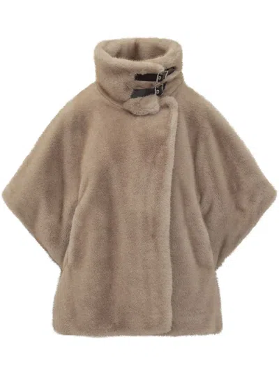 Pinko Faux Fur Cape With Buckles In Neutral
