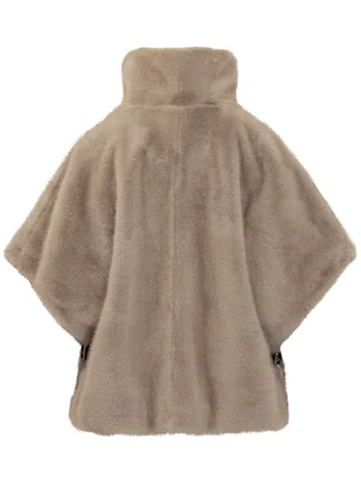 Pinko Faux Fur Cape With Buckles In Neutral